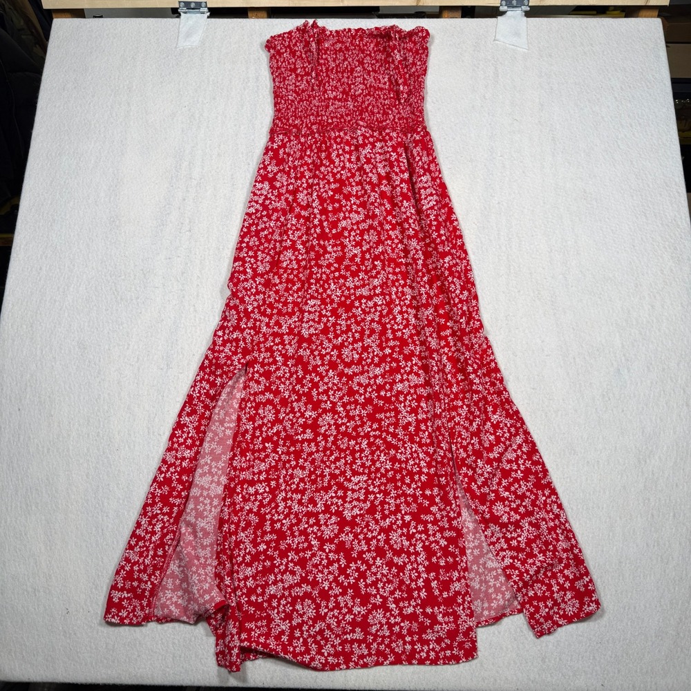 Pacific Vibes Red Floral Smocked Maxi Dress Side Slits Medium